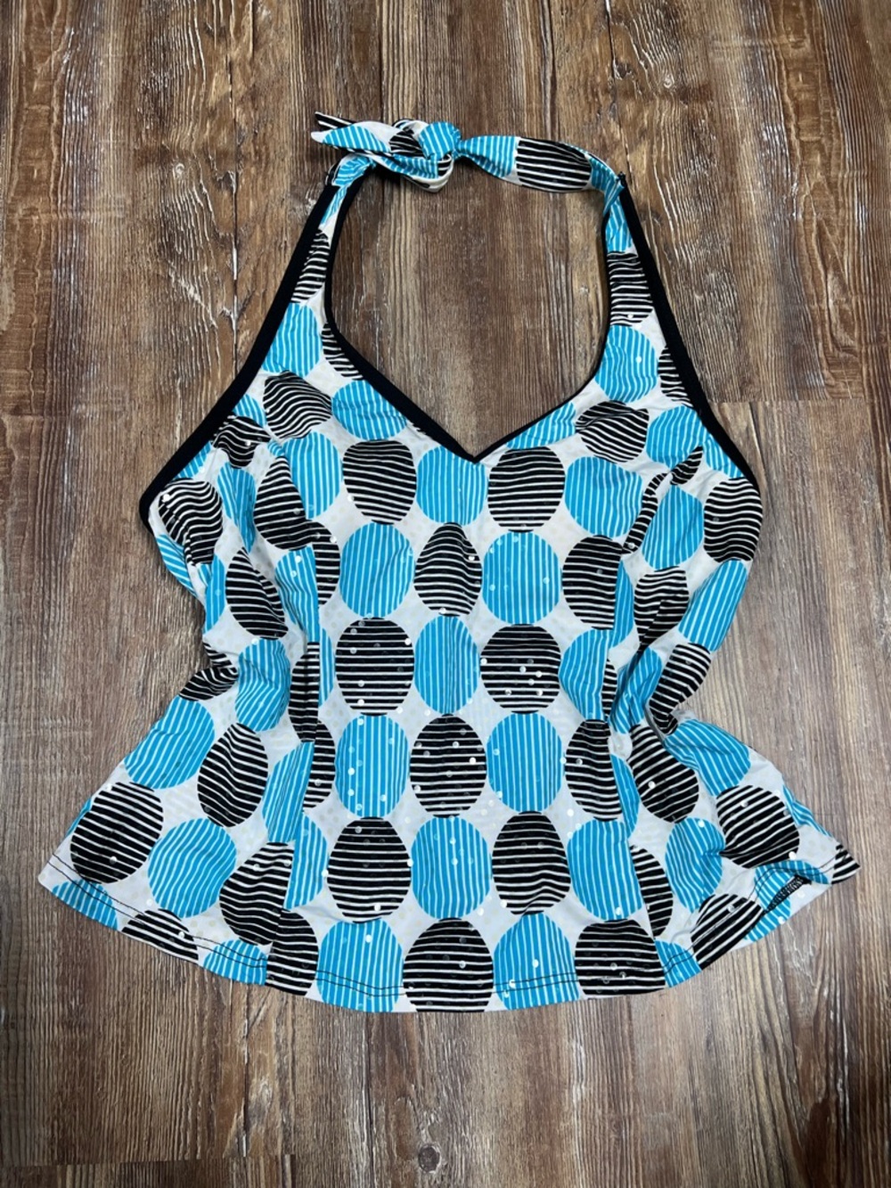 Y2K Blue & black polka dot halter neck top